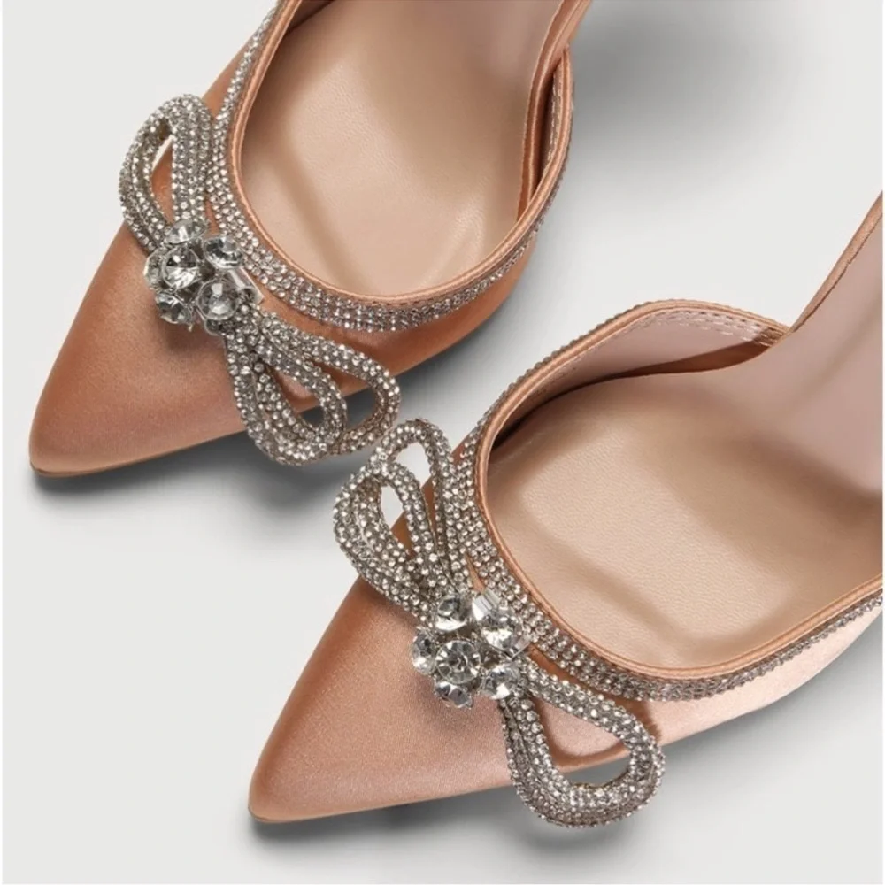 Lulus Lullie Rose Gold Satin Rhinestone Ankle Strap Pointed-Toe Pumps sz 8